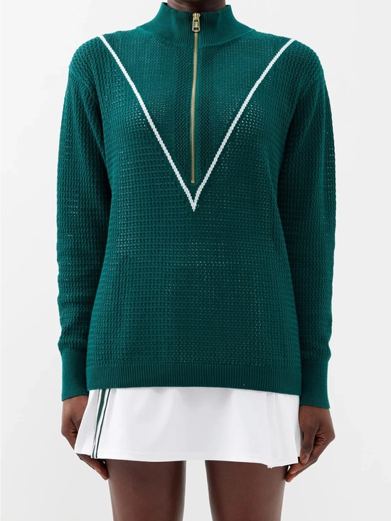 Varley Tops - Varley Emerald Green Half-Zip Textured Knit Sweater with White V-Detail